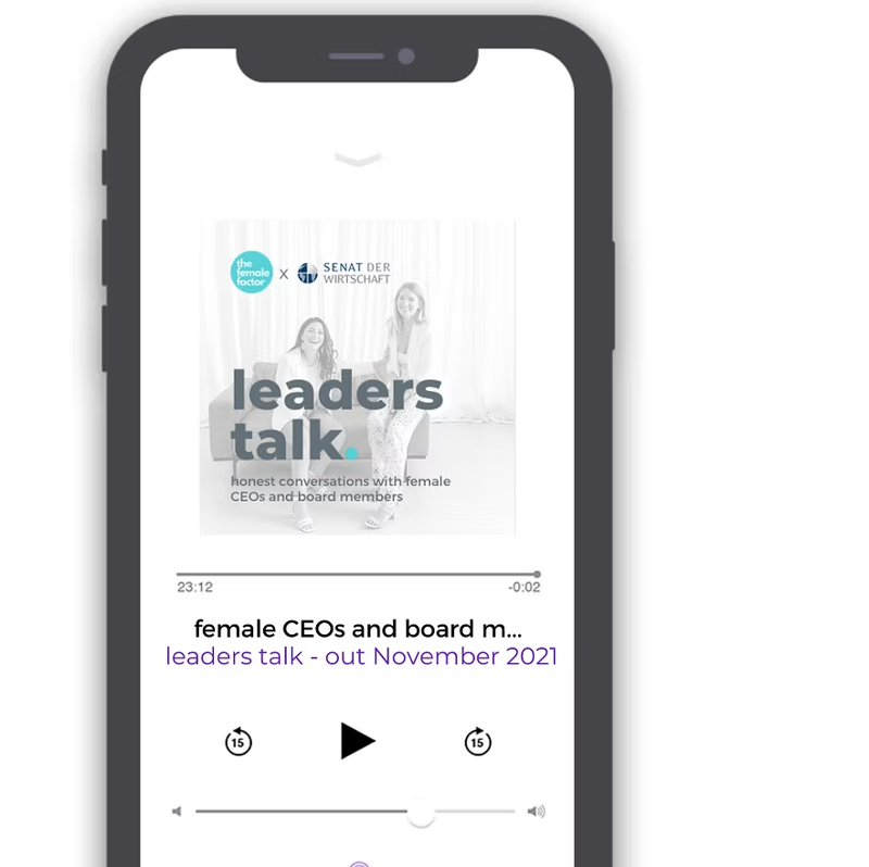 leaders talk podcast player showing the show cover with the female factor and senat der wirtschaft